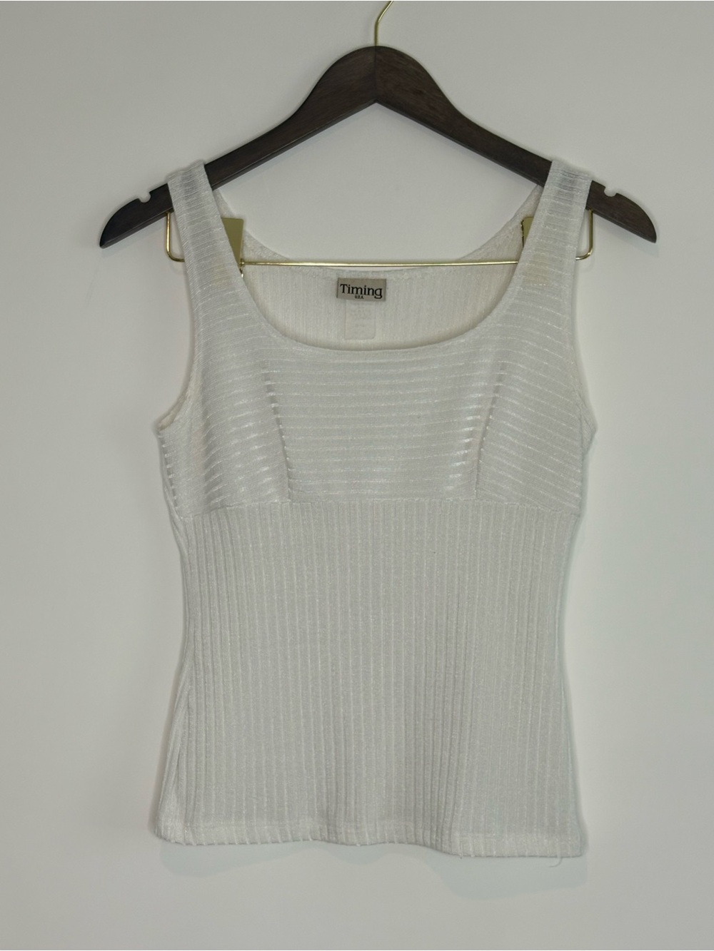 Vintage Timing USA Babydoll Tank Top Womens Large White Y2K Top Ribbed Romantic